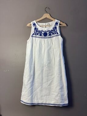 J. Crew White Sleeveless linen Dress with Blue Embroidery